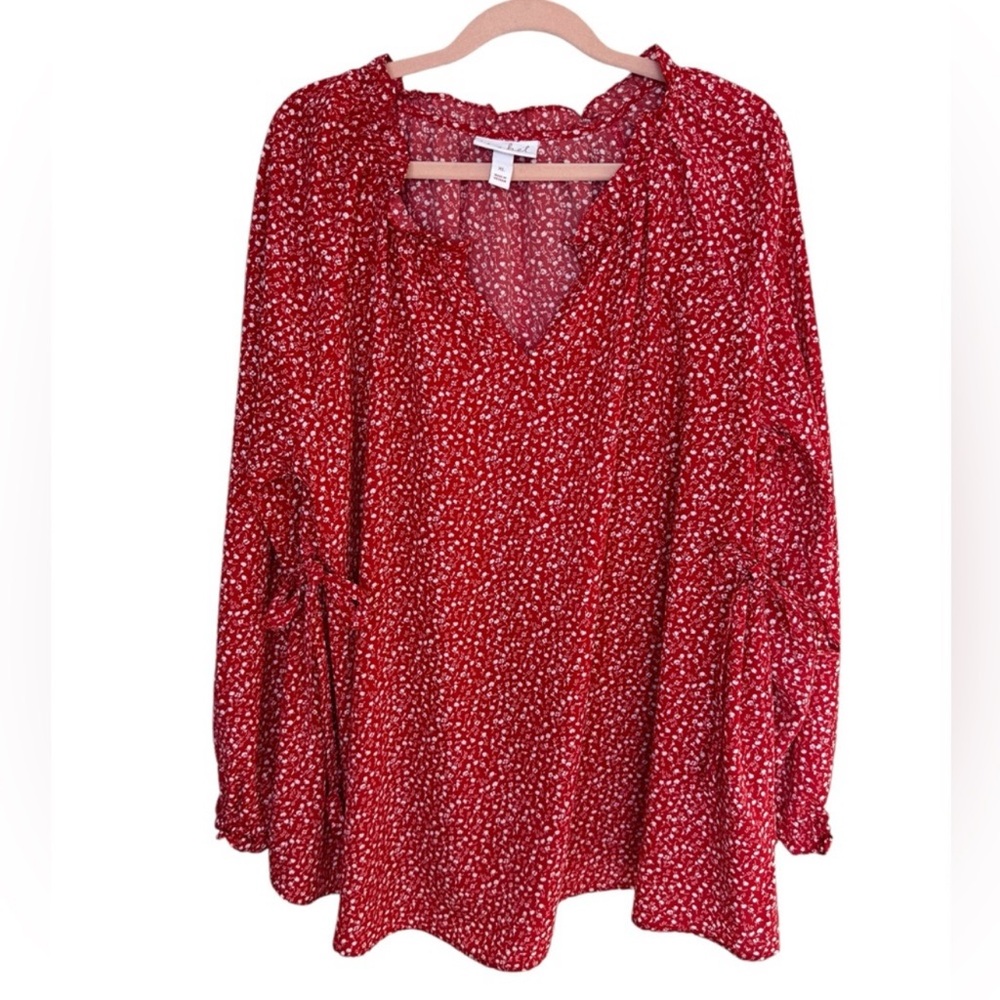 Ingrid & Isabel Maternity Red Ditsy Floral Pop Over Blouse Side Ties Size XL